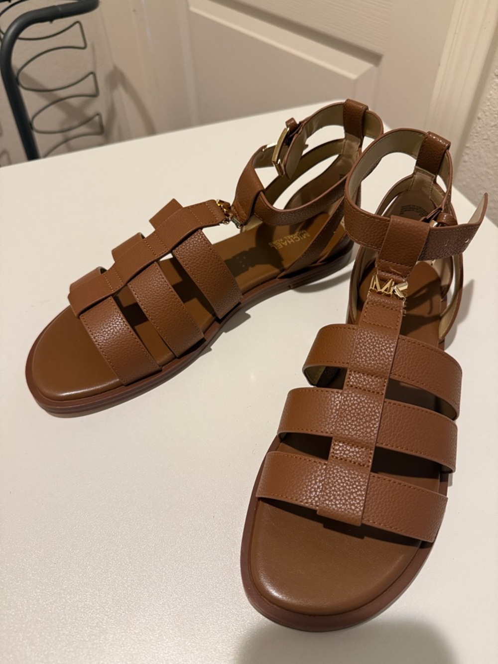 MICHAEL Michael Kors Tan Leather Gladiator Sandals with Gold MK